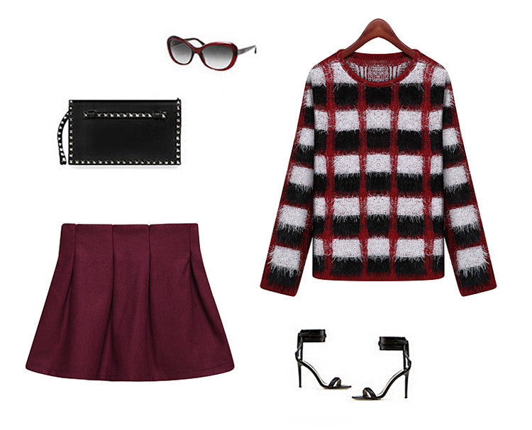 Plaid Sweater and Flare Skirt SET