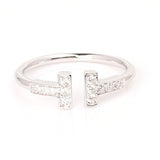 100% Silver T-square ring open-end rings with crystals