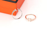 100% Silver T-square ring open-end rings with crystals