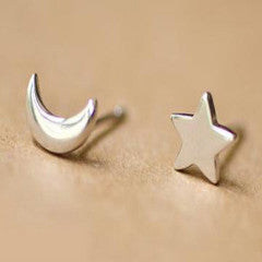 100% Silver Sterling Star and Moon Studs Earrings Set