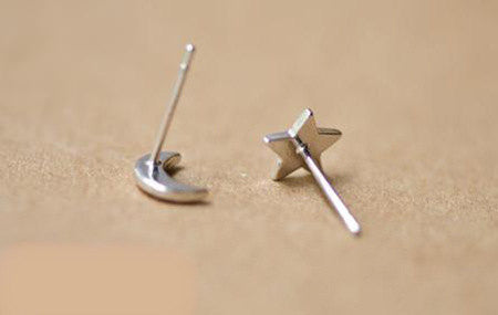 100% Silver Sterling Star and Moon Studs Earrings Set