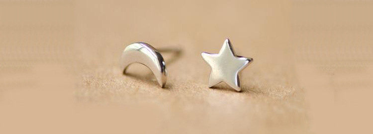 100% Silver Sterling Star and Moon Studs Earrings Set