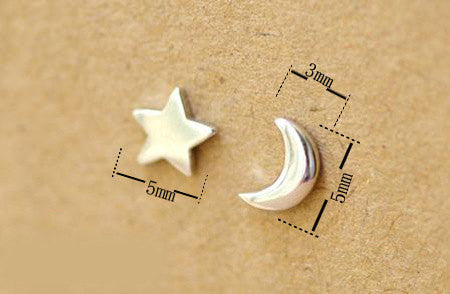 100% Silver Sterling Star and Moon Studs Earrings Set